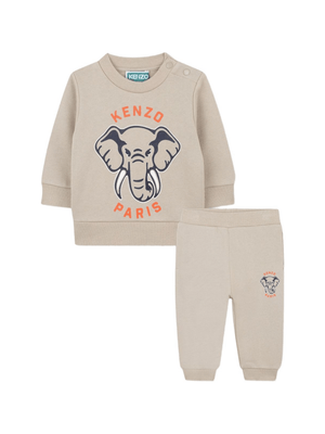 Set felpa e pantaloni sportivi per neonato Kenzo Kids beige con design grafico a elefante