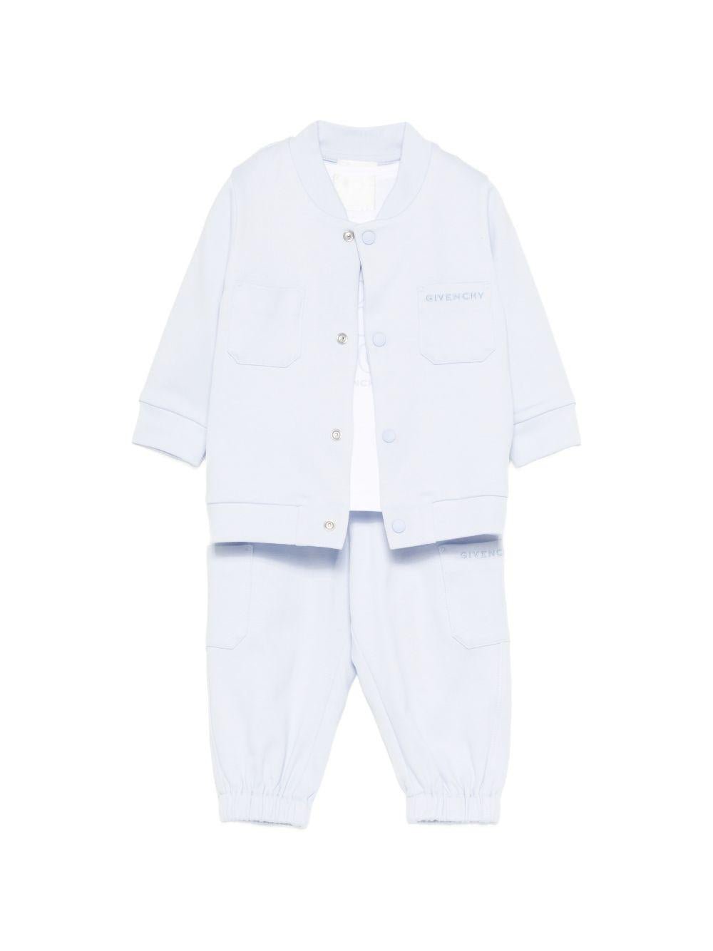 Set giacca, t-shirt e pantaloni per neonato Givenchy Kids azzurro con logo ricamato - Rubino Kids