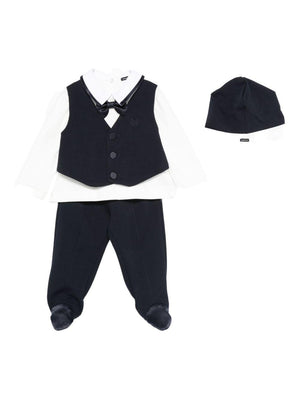 Monnalisa blue baby boy vest, shirt, trousers and hat set with bow tie