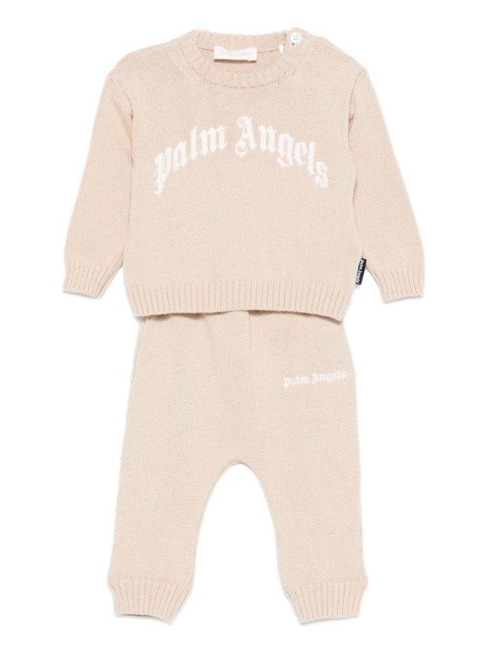 Set maglione e pantaloni per neonata Palm Angels Kids beige in maglia con logo - Rubino Kids