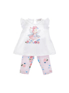 Set per neonata t-shirt e pantaloni Monnalisa bianco con stampa grafica - Rubino Kids