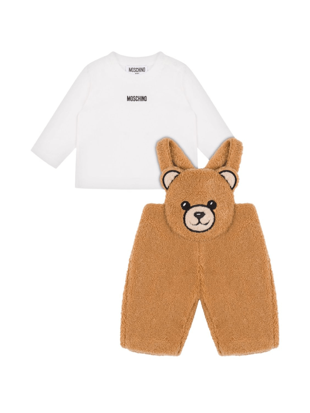 Set salopette e t-shirt per neonato Moschino Kids bianco e marrone con applicazione con orso - Rubino Kids
