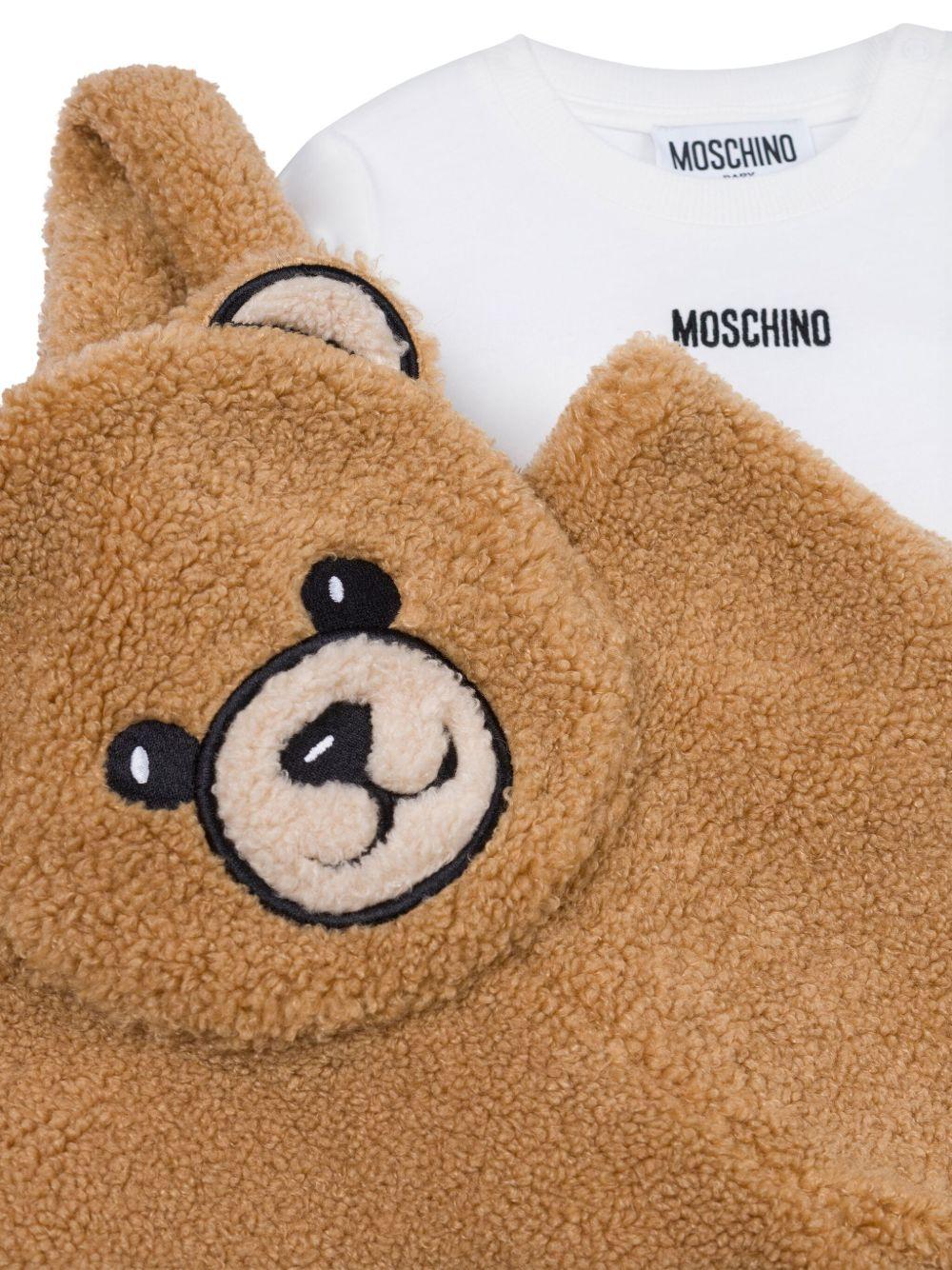 Set salopette e t-shirt per neonato Moschino Kids bianco e marrone con applicazione con orso - Rubino Kids