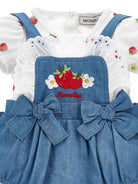 Set salopette, fascia e body per neonata Monnalisa bianco e in denim con ricamo - Rubino Kids