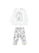 Set t-shirt e pantaloni per neonata Monnalisa bianco con stampa floreale - Rubino Kids