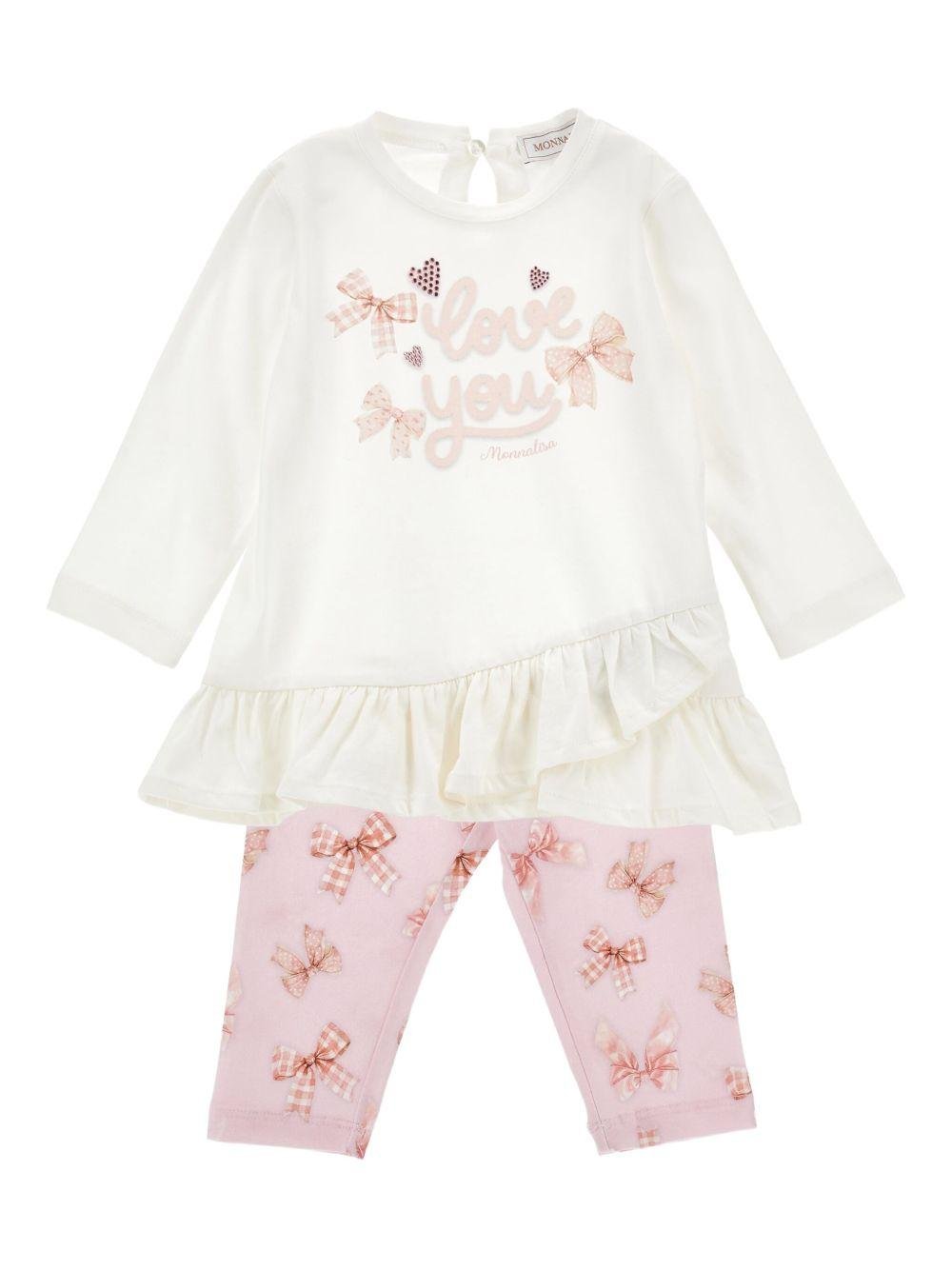 Set t-shirt e pantaloni per neonata Monnalisa bianco con stampa - Rubino Kids