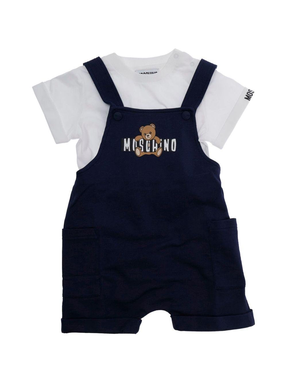 Set t-shirt e salopette per neonato Moschino Kids blu con stampa Teddy Bear - Rubino Kids