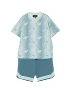 Set t-shirt e short per bambino Emporio Armani Kids blu con stampa aquila all - over - Rubino Kids