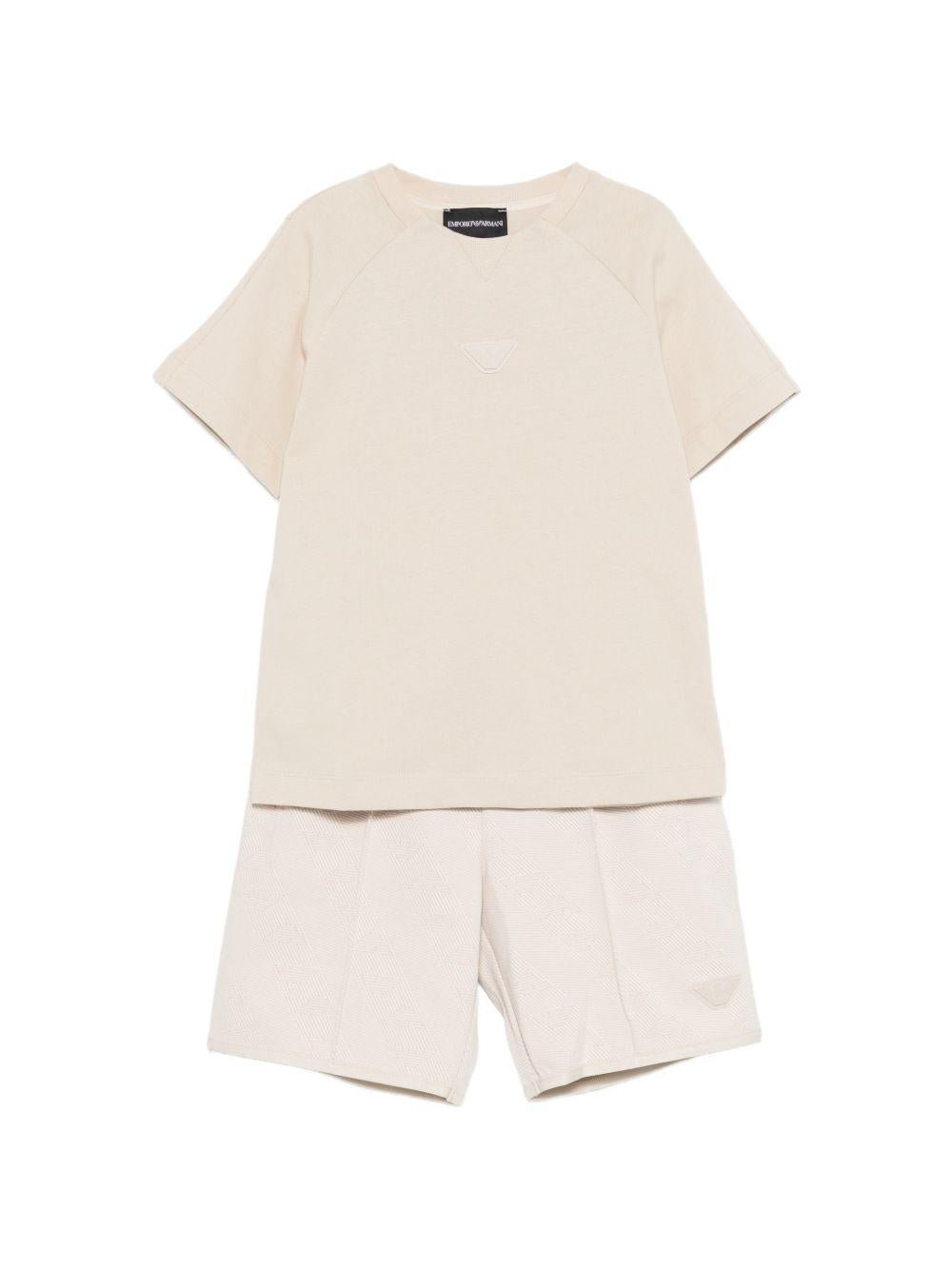 Set t-shirt e shorts per bambino Emporio Armani Kids beige con applicazione logo sul davanti - Rubino Kids