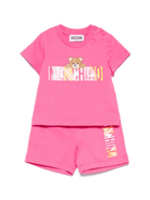 Set t-shirt e shorts per neonata moschino Kids fucsia con stampa logo e Teddy Bear - Rubino Kids