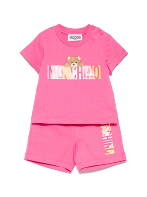 Set t-shirt e shorts per neonata moschino Kids fucsia con stampa logo e Teddy Bear
