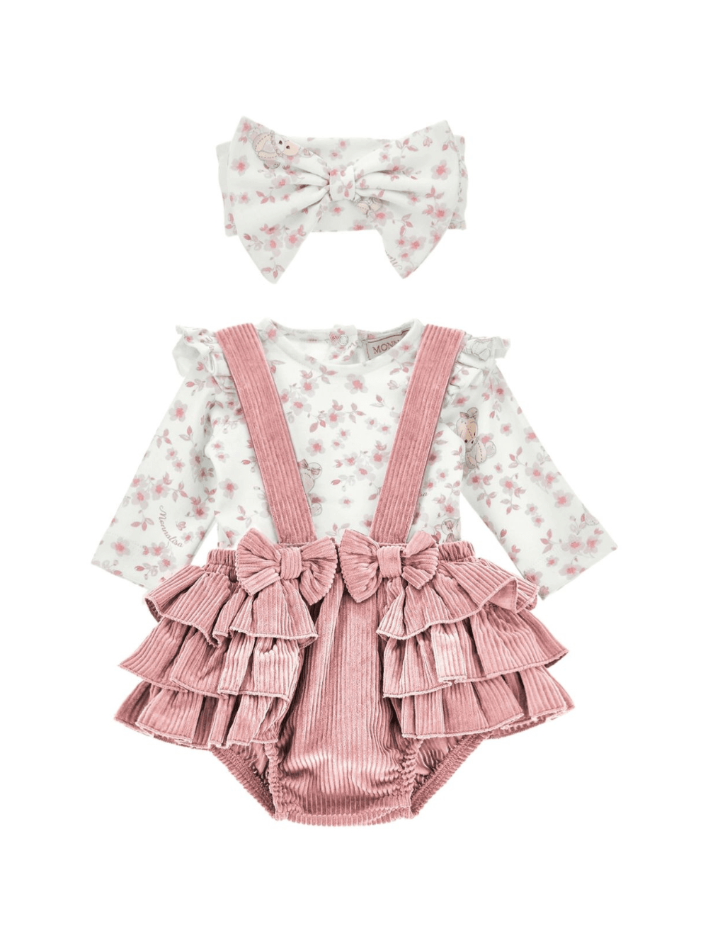 Set t-shirt shorts e fascia per neonata Monnalisa rosa con cinturini con bottone - Rubino Kids