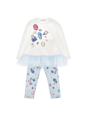 Set top e leggings per bambina Stitch Disney x Monnalisa bianco con stampa gemme