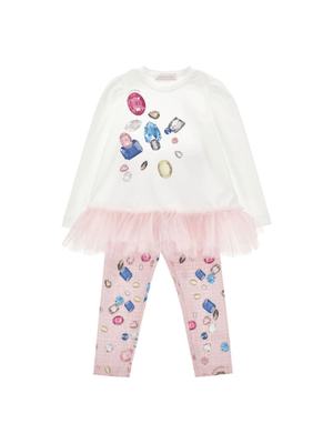 Set top e leggings per bambina Stitch Disney x Monnalisa bianco con stampa gemme