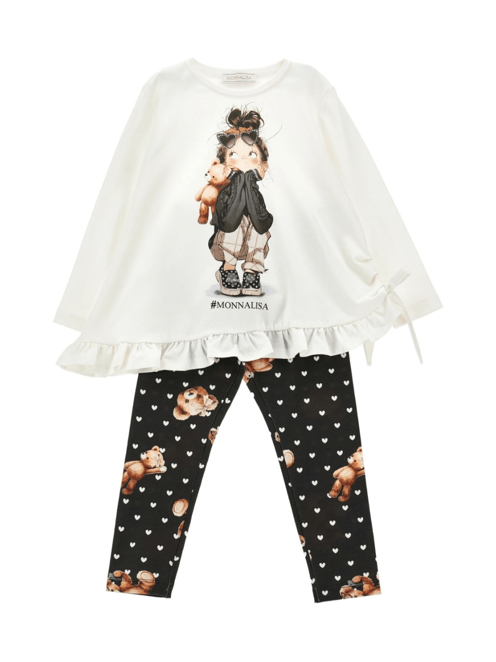 Set top e leggins per bambina Monnalisa bianco e nero con stampa grafica - Rubino Kids