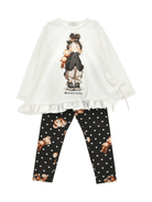 Set top e leggins per bambina Monnalisa bianco e nero con stampa grafica - Rubino Kids
