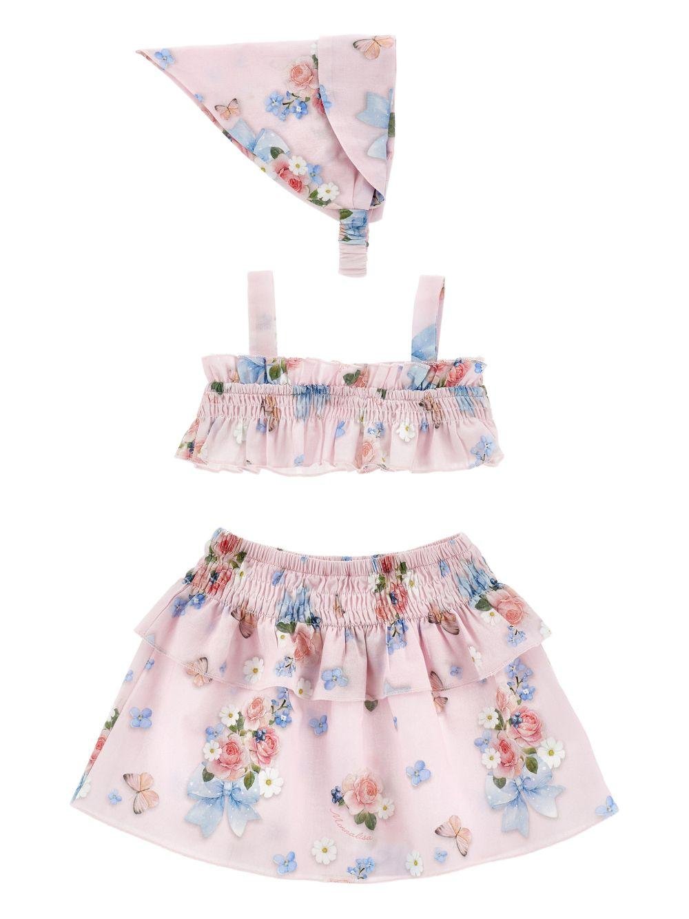 Set top, gonna e fascia per capelli per neonata Monnalisa rosa con motivo a fiori - Rubino Kids