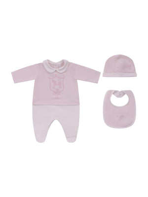 Fendi Kids three-piece set for baby girls in pink with Fendi Cavallino print.