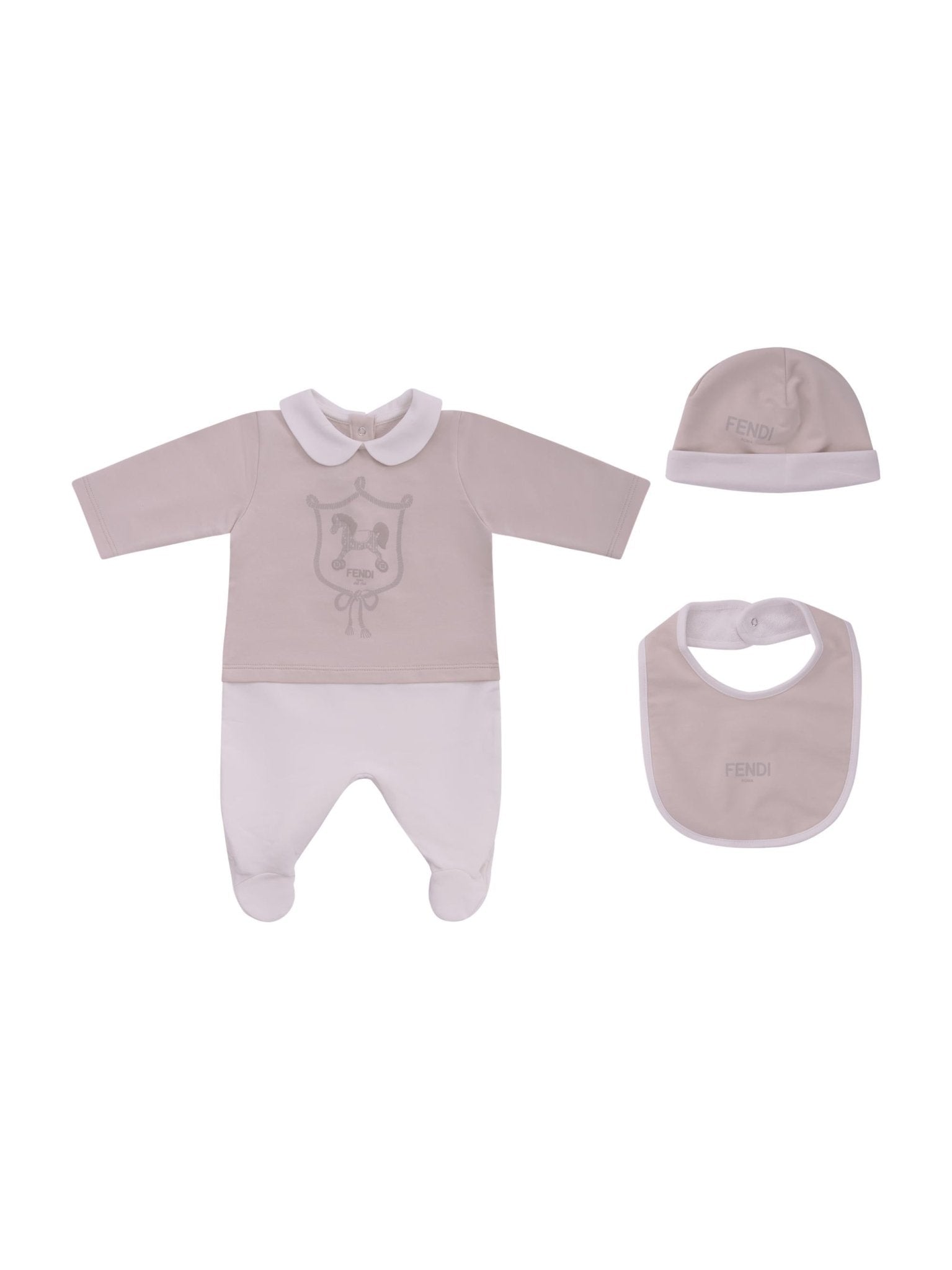 Set tre pezzi per neonati Fendi Kids beige con stampa Cavallino Fendi - Rubino Kids