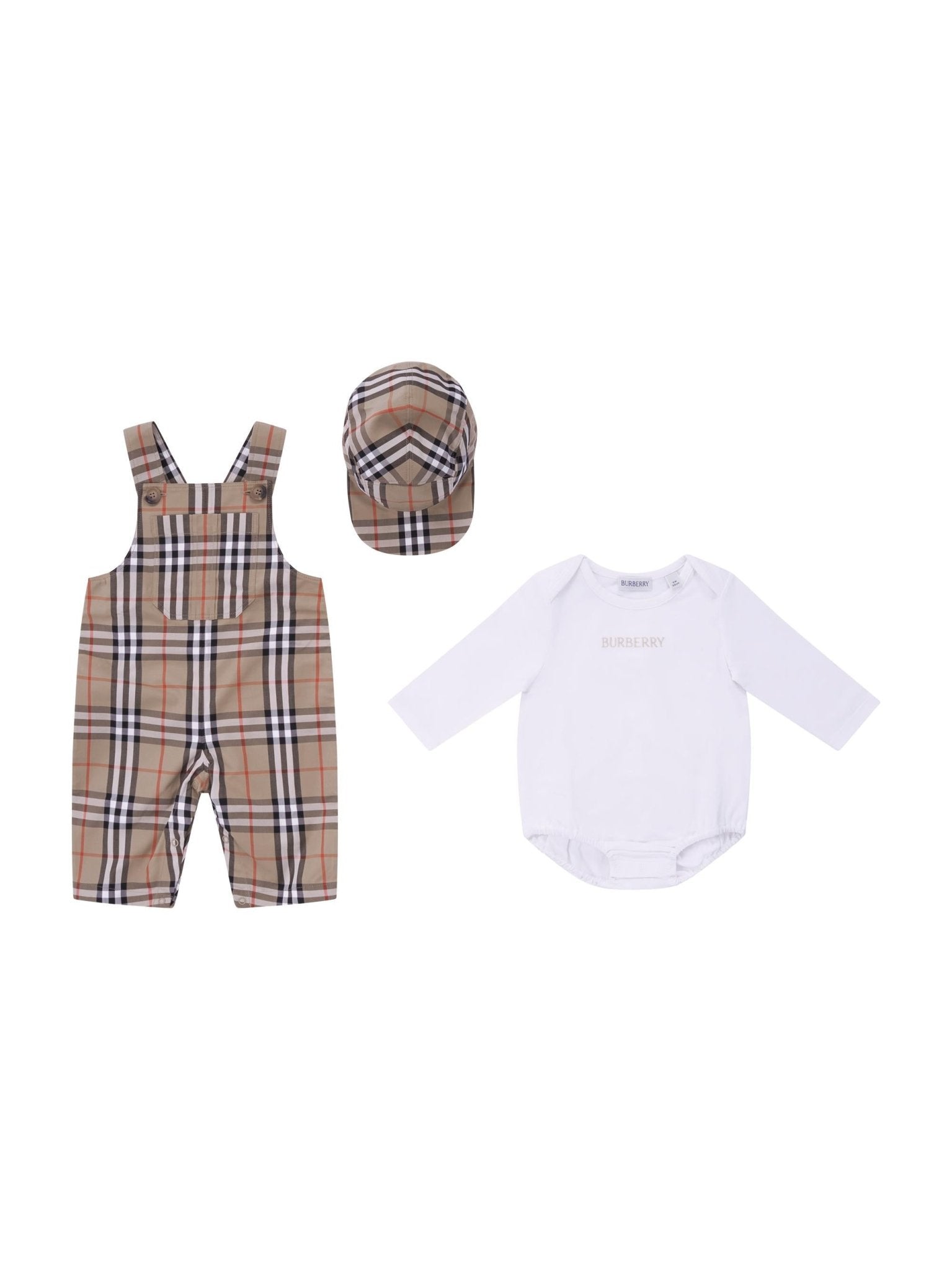 Set tre pezzi per neonato Burberry Kids beige con caratteristico motivo Vintage Check - Rubino Kids