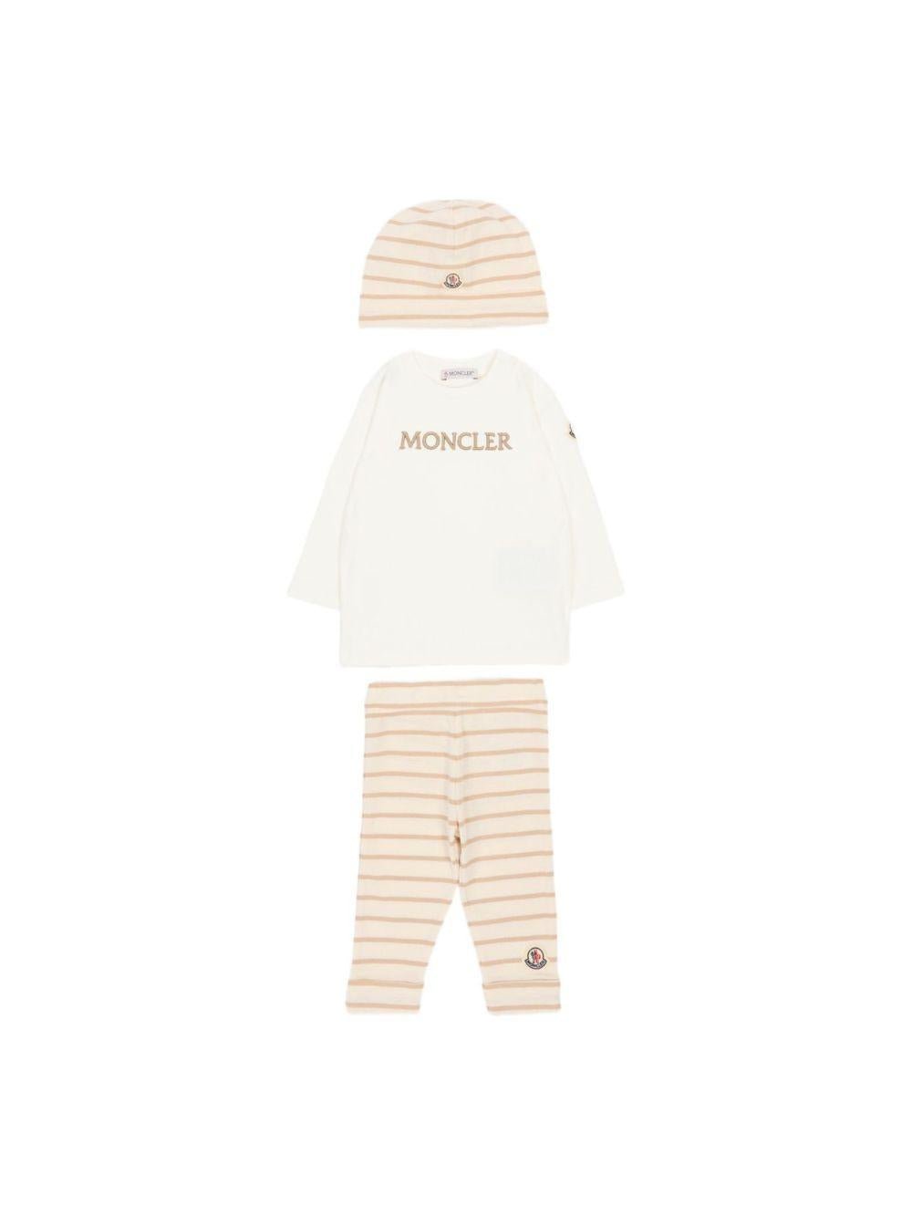 Set tre pezzi per neonato Moncler Kids beige con design a righe - Rubino Kids