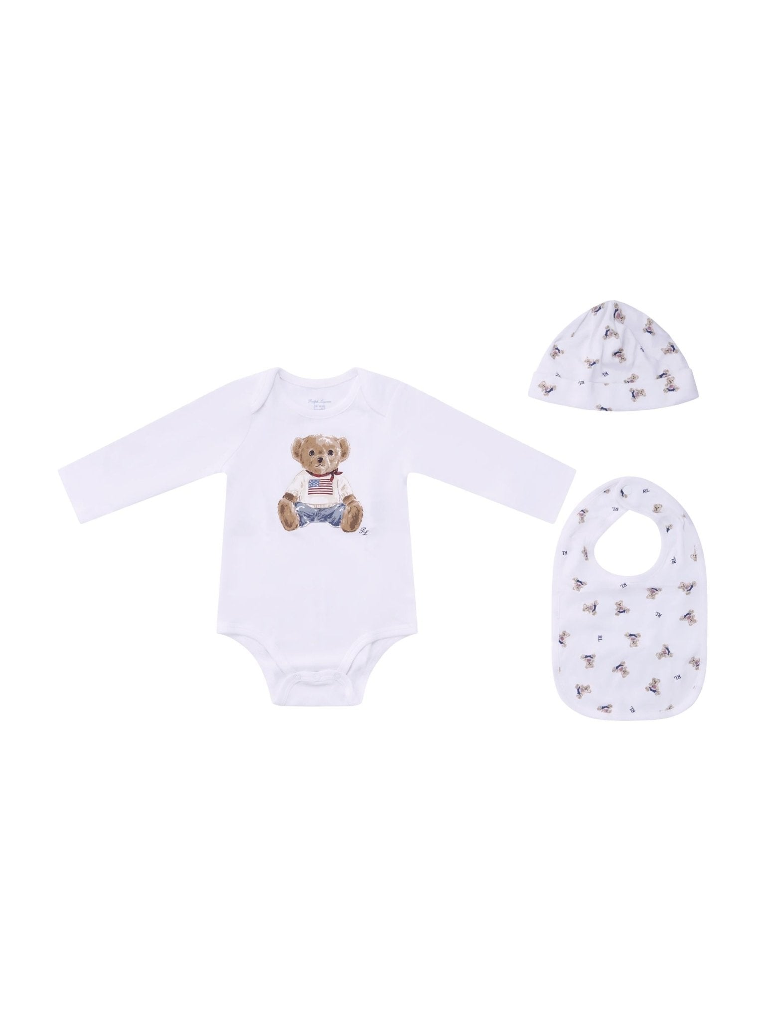 Set tutina bavaglino e cappellino per neonato Polo Ralph Lauren Kids bianco con stampa Teddy Bear - Rubino Kids