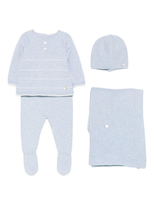 Paz Rodrìguez baby boy's onesie, hat and blanket set in blue with knitted details
