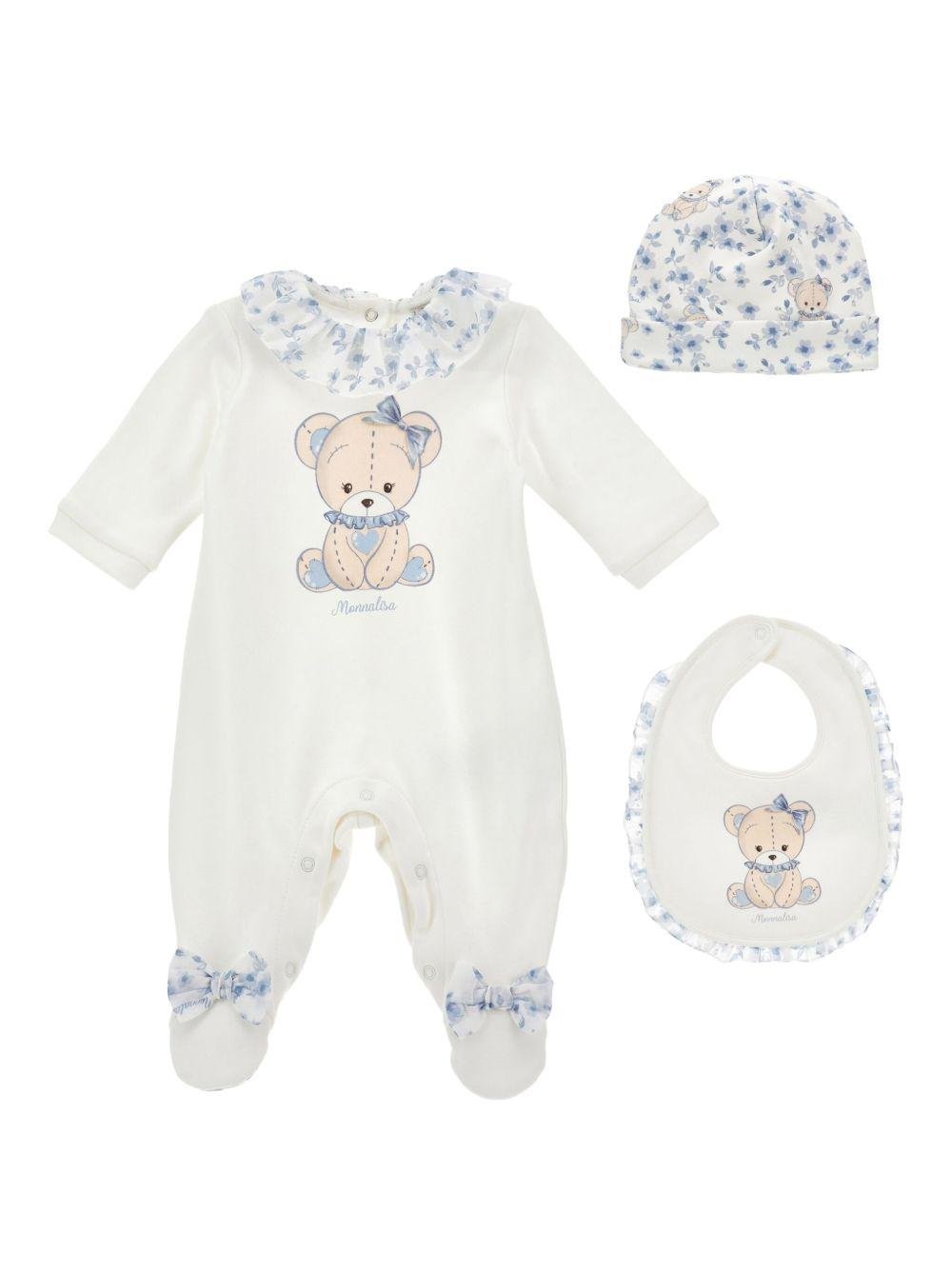 Set tutina cappellino e bavaglino Monnalisa bianco con stampa orsetto - Rubino Kids
