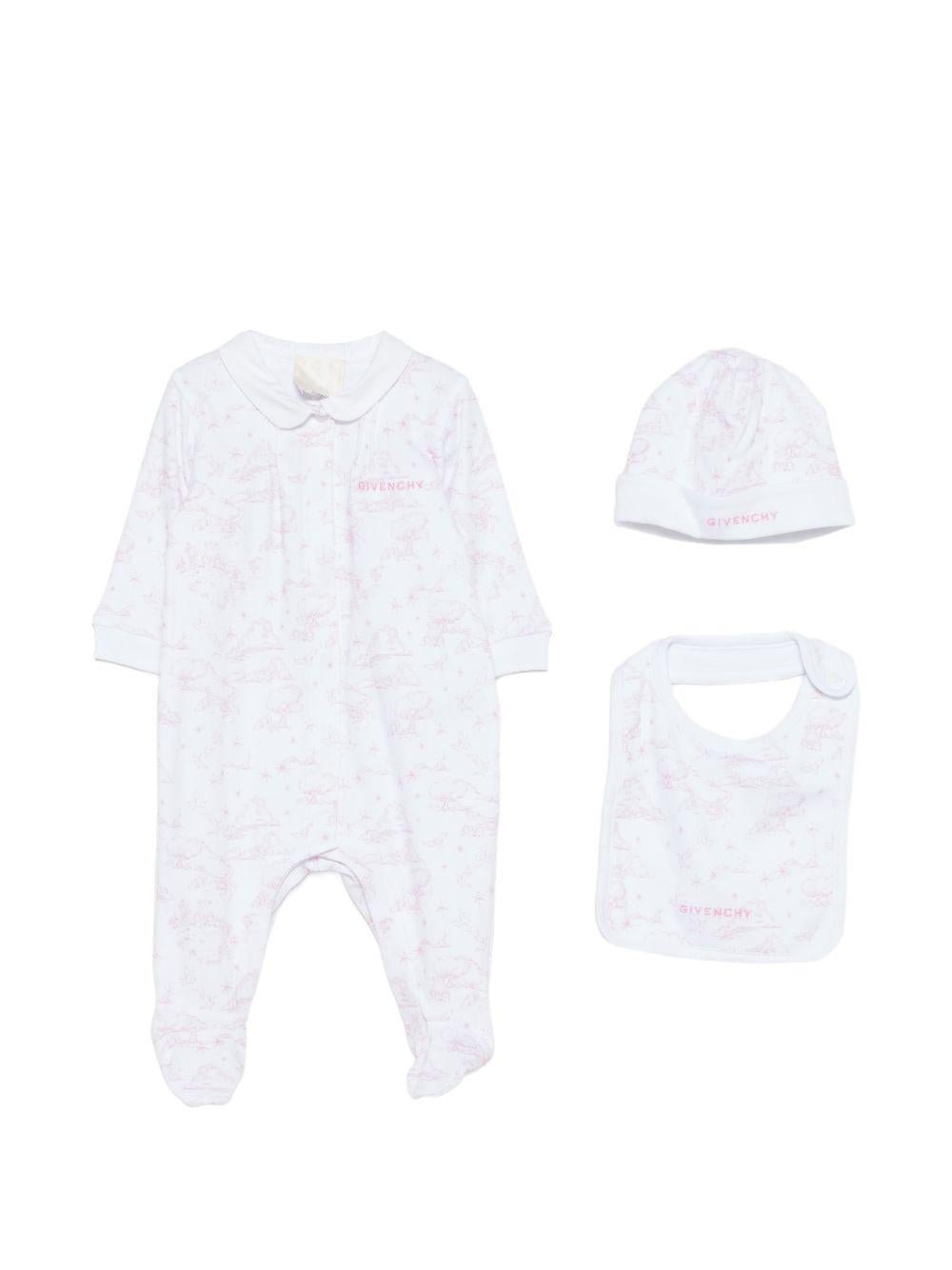 Set tutina, cappellino e bavaglino per neonata Givenchy Kids rosa con stampa grafica all - over - Rubino Kids