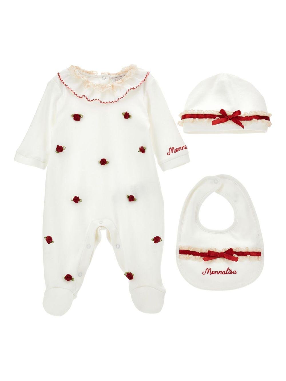 Set tutina cappellino e bavaglino per neonata Monnalisa bianco con ricamo rosso - Rubino Kids