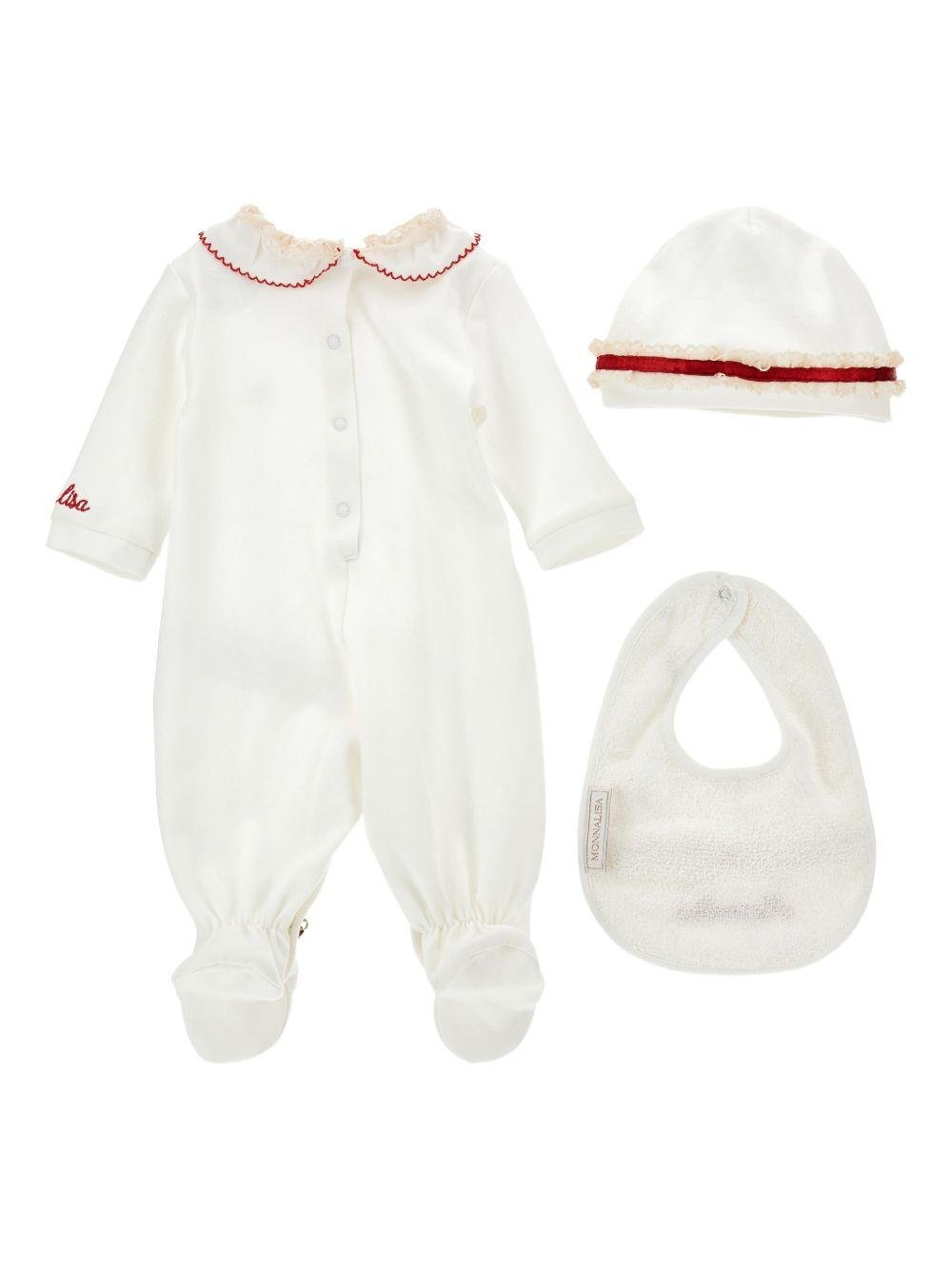 Set tutina cappellino e bavaglino per neonata Monnalisa bianco con ricamo rosso - Rubino Kids