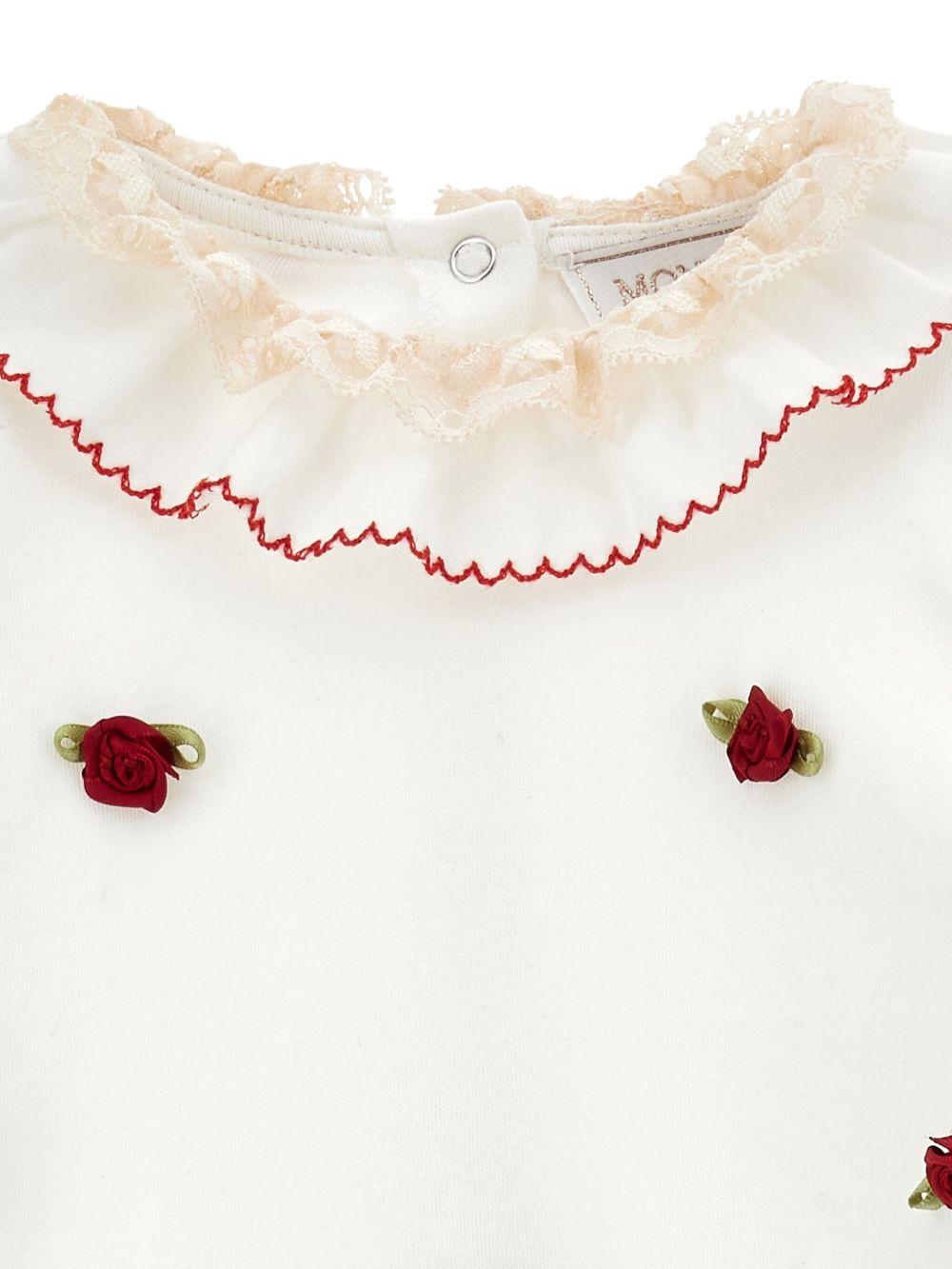 Set tutina cappellino e bavaglino per neonata Monnalisa bianco con ricamo rosso - Rubino Kids