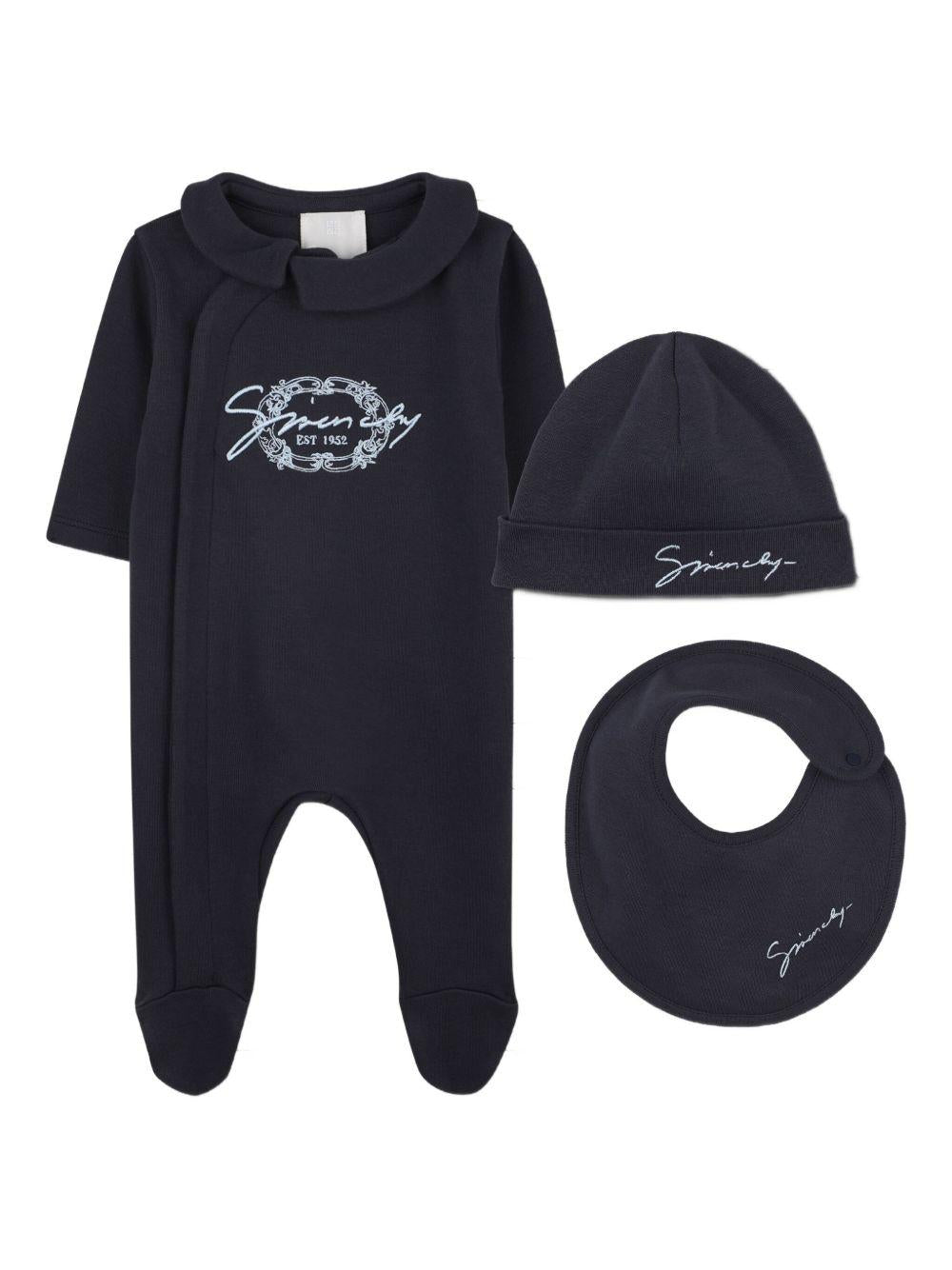 Set tutina cappellino e bavaglino per neonato Givenchy Kids blu con logo ricamato - Rubino Kids