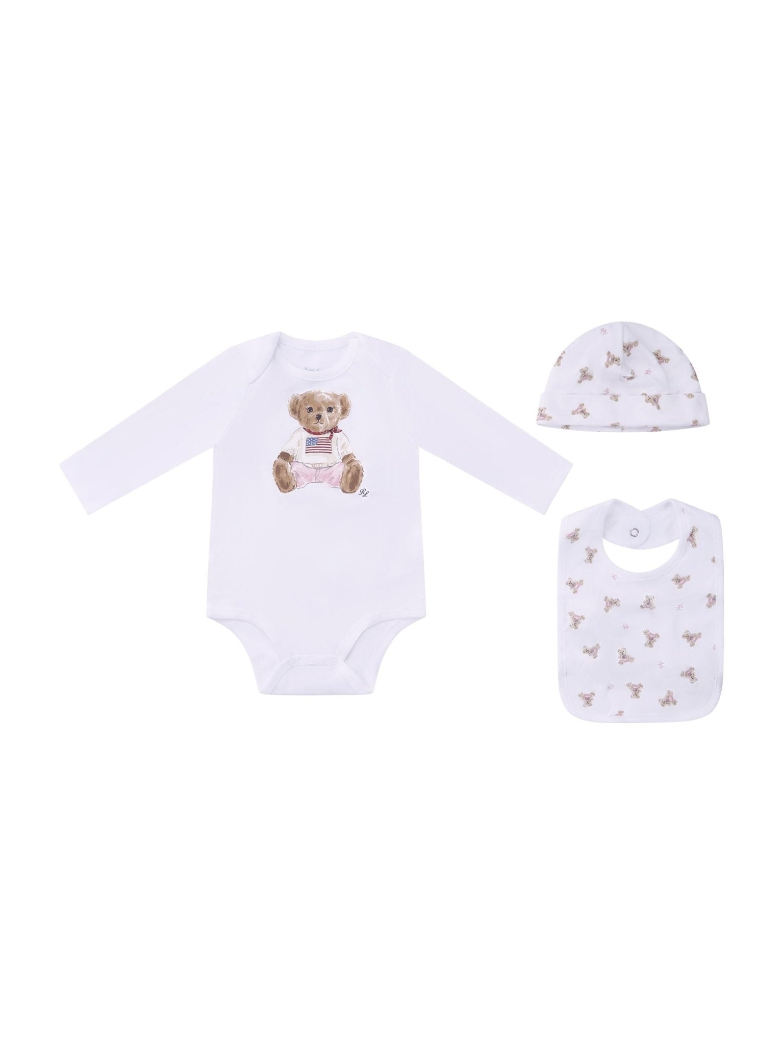 Set tutina cappellino e bavaglino per neonato Polo Ralph Lauren Kids bianco con motivo Polo Bear - Rubino Kids