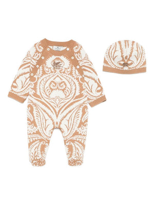 ETRO KIDS beige damask pattern baby romper with matching hat