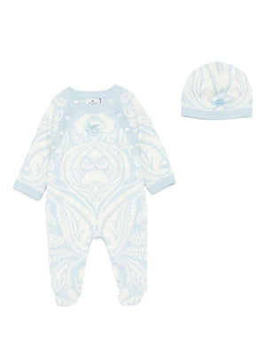 ETRO KIDS baby boy's onesie set with matching hat in light blue with damask pattern