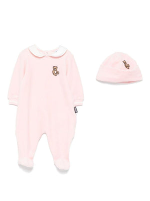 Moschino Kids pink baby girl romper and hat set with embroidered teddy bear