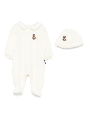 Moschino Kids white baby romper and hat set with embroidered teddy bear