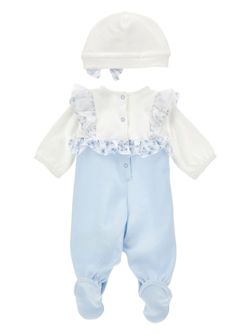 Set tutina e cappellino per neonata Monnalisa azzurro con stampa a fiori - Rubino Kids