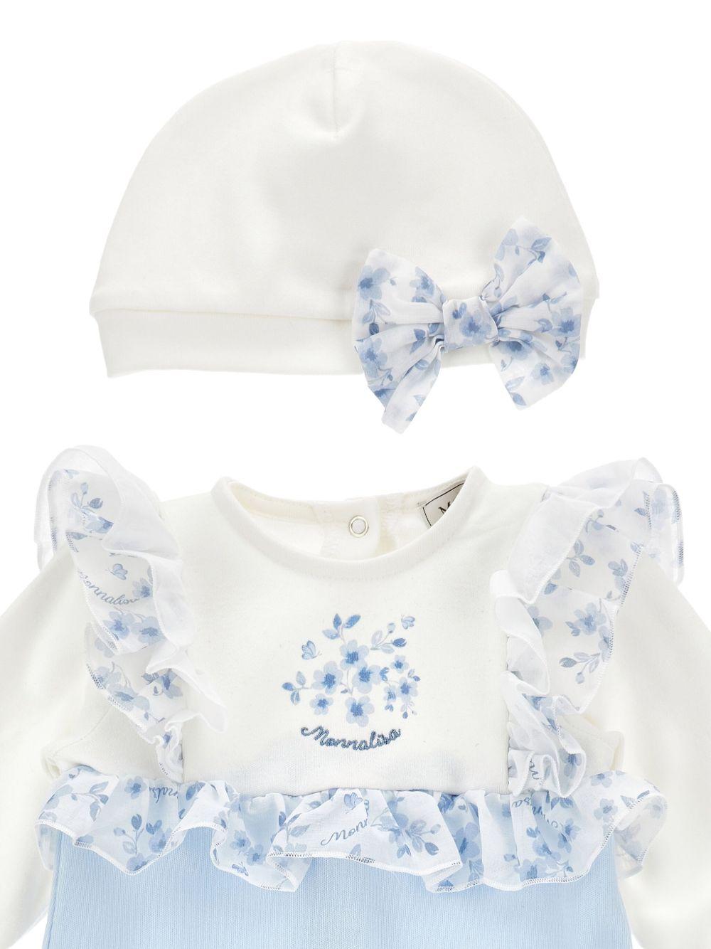 Set tutina e cappellino per neonata Monnalisa azzurro con stampa a fiori - Rubino Kids