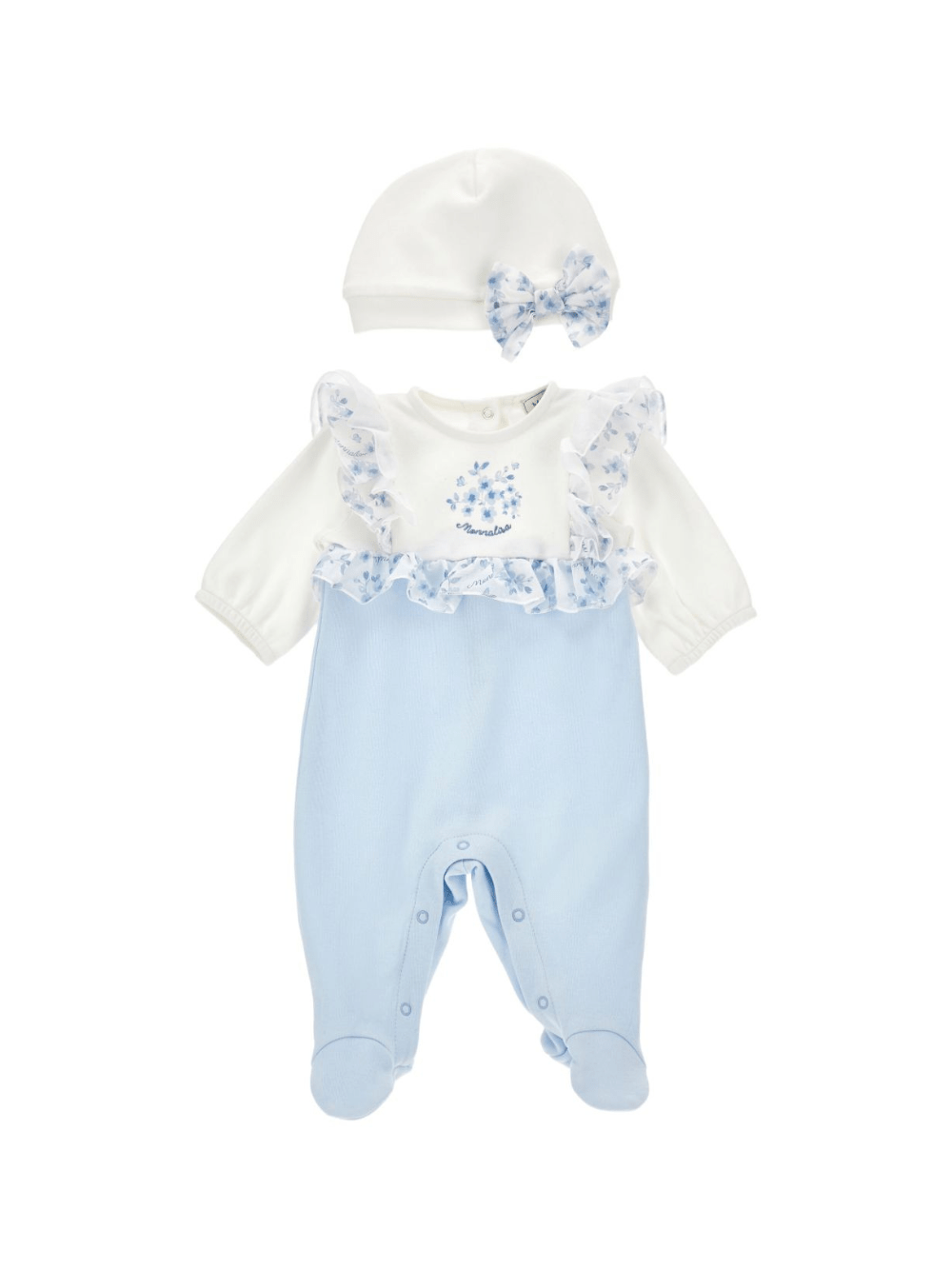 Set tutina e cappellino per neonata Monnalisa azzurro con stampa a fiori - Rubino Kids