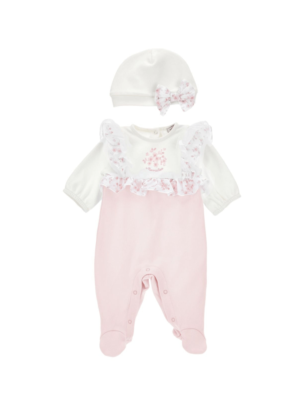 Set tutina e cappello per neonata Monnalisa rosa con dettaglio fiocco - Rubino Kids