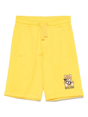 Moschino Kids Leo Teddy print shorts for boys in yellow with elasticated waist