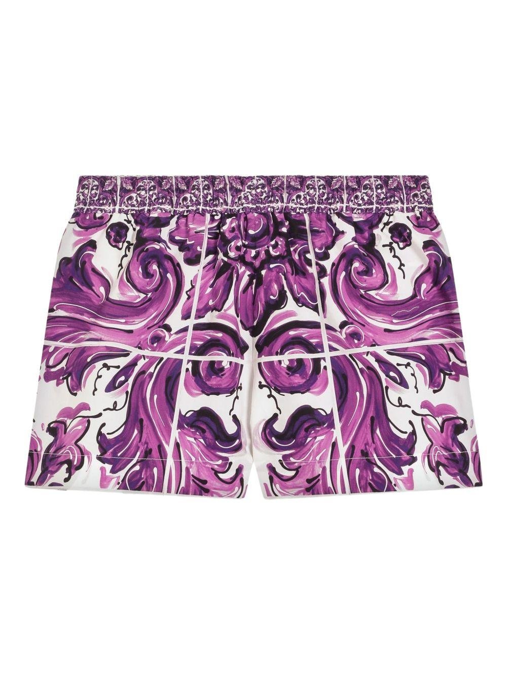 Shorts per bambina Dolce & Gabbana Kids viola con stampa maioliche - Rubino Kids