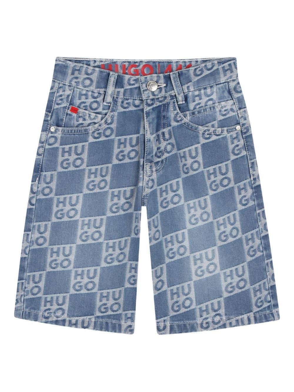 Shorts per bambino Hugo Kids denim con stampa logo all - over - Rubino Kids