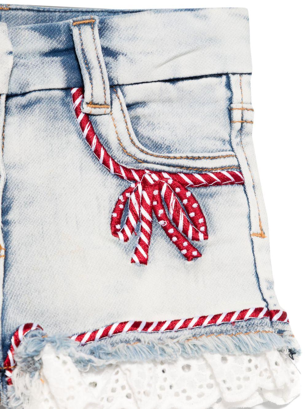 Shorts per neonata Monnalisa in denim con dettagli in pizzo - Rubino Kids