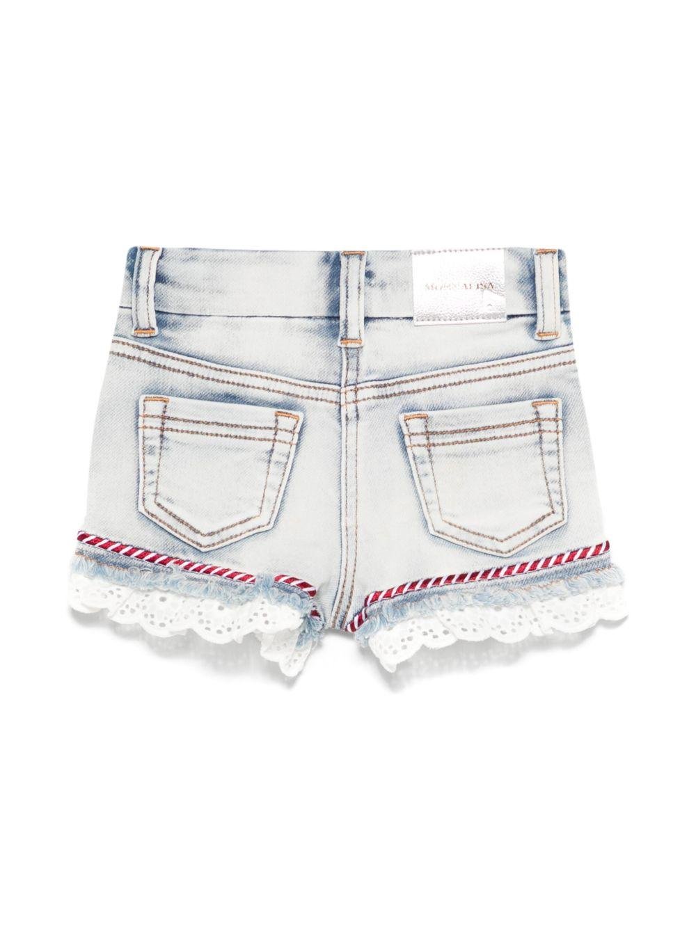 Shorts per neonata Monnalisa in denim con dettagli in pizzo - Rubino Kids