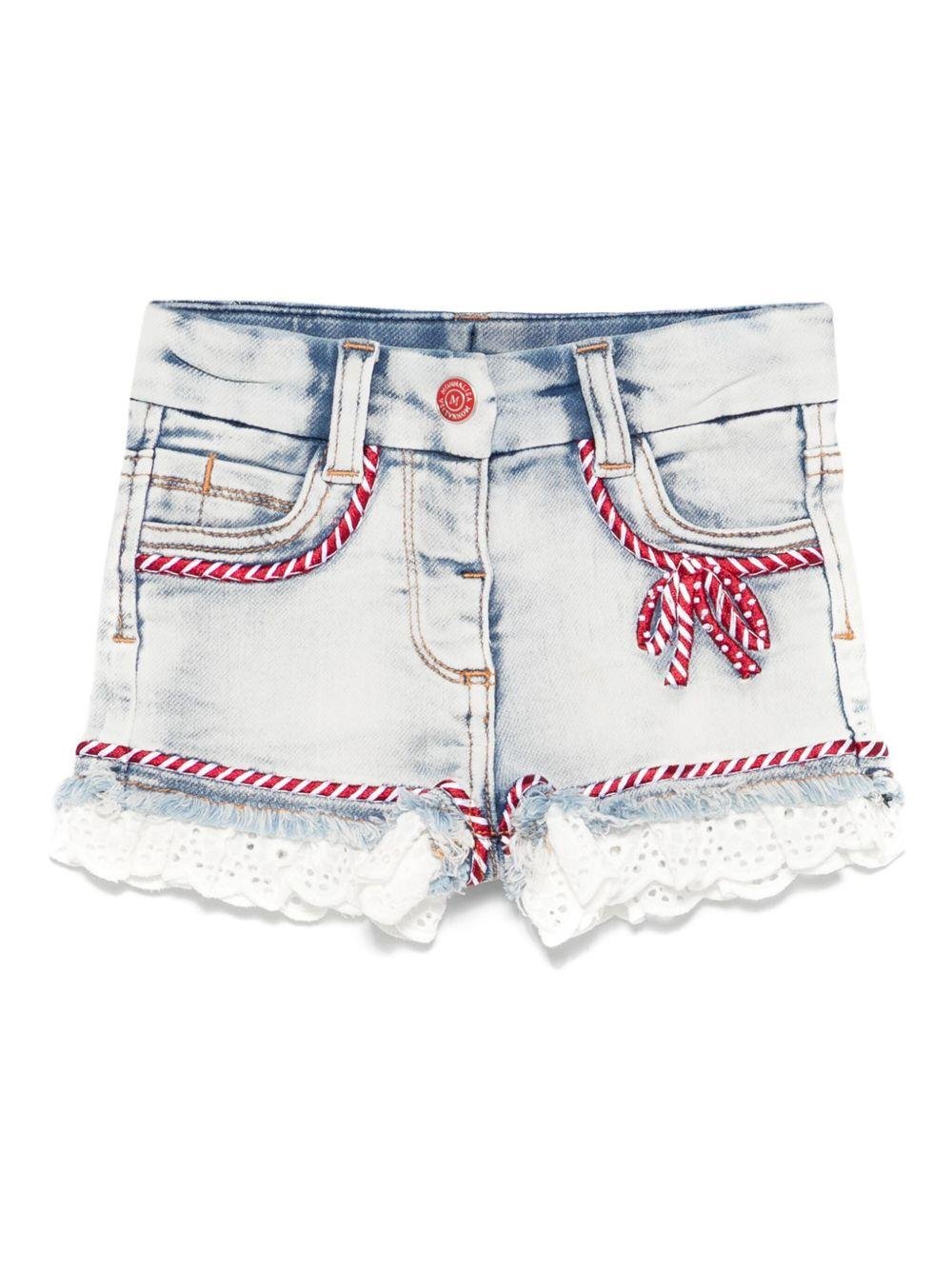 Shorts per neonata Monnalisa in denim con dettagli in pizzo - Rubino Kids