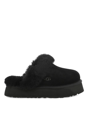 Slippers per bambina UGG Kids Disquette nero con finitura in pelliccia sintetica