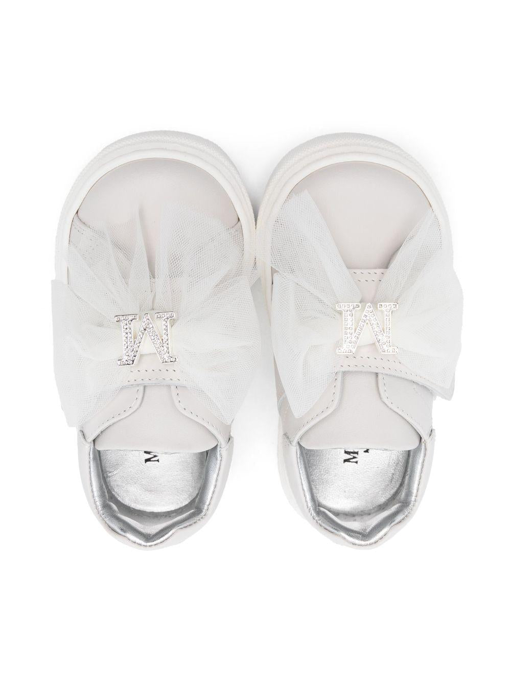 Sneakers per bambina Monnalisa grigio chiaro con fiocco e logo con strass - Rubino Kids